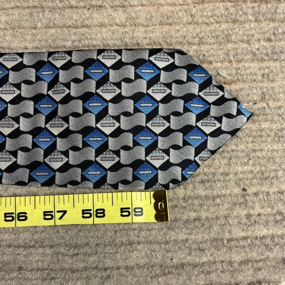 Carlos Devenezia Mens Silk Tie Blue Grey Black Geometric Handmade 60x4